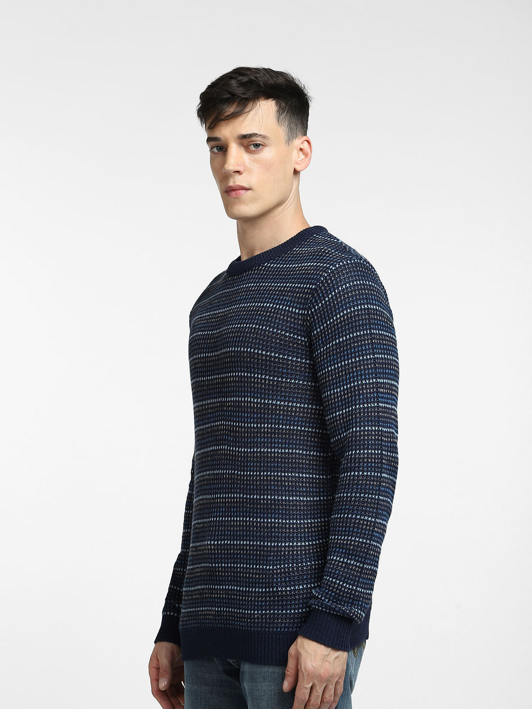 Blue Textured Striped Pullover