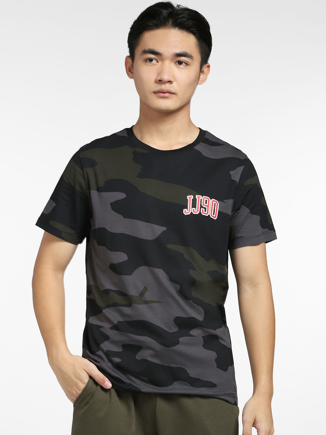 Black Camo Print Crew Neck T-shirt
