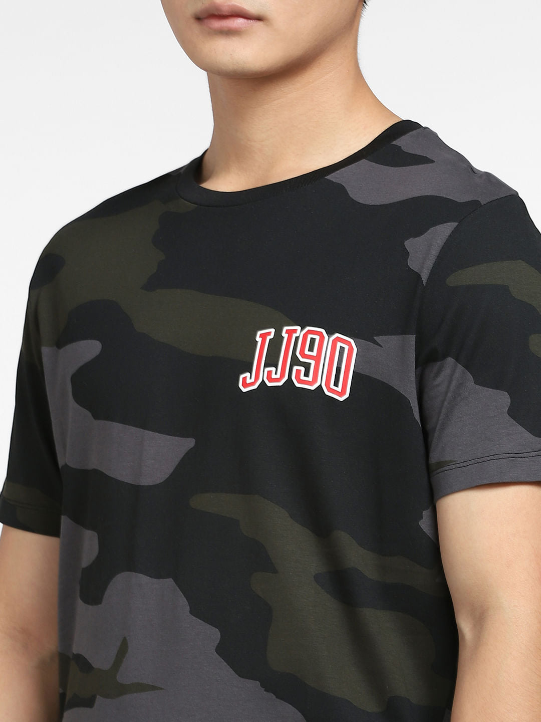 Black Camo Print Crew Neck T-shirt