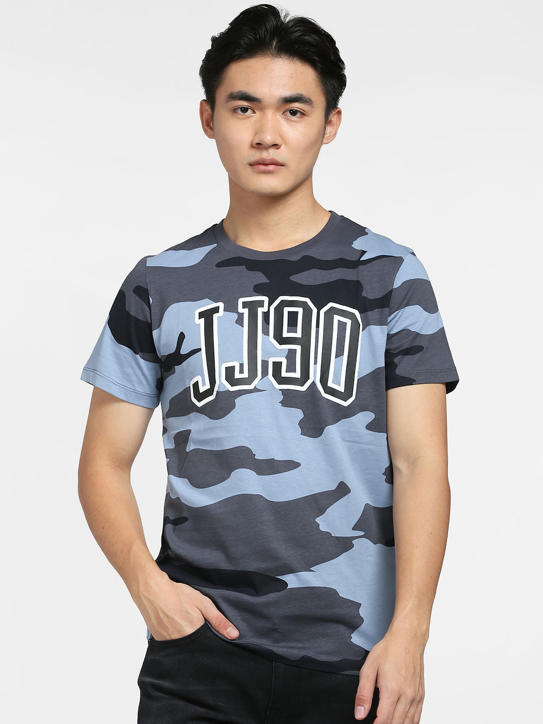 Blue Camo Print Crew Neck T-shirt