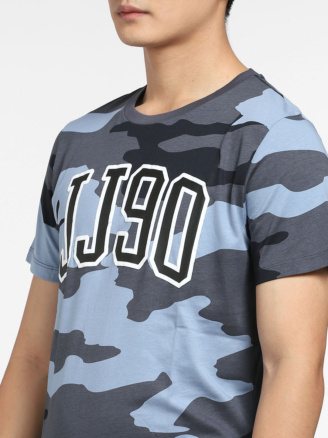Blue Camo Print Crew Neck T-shirt
