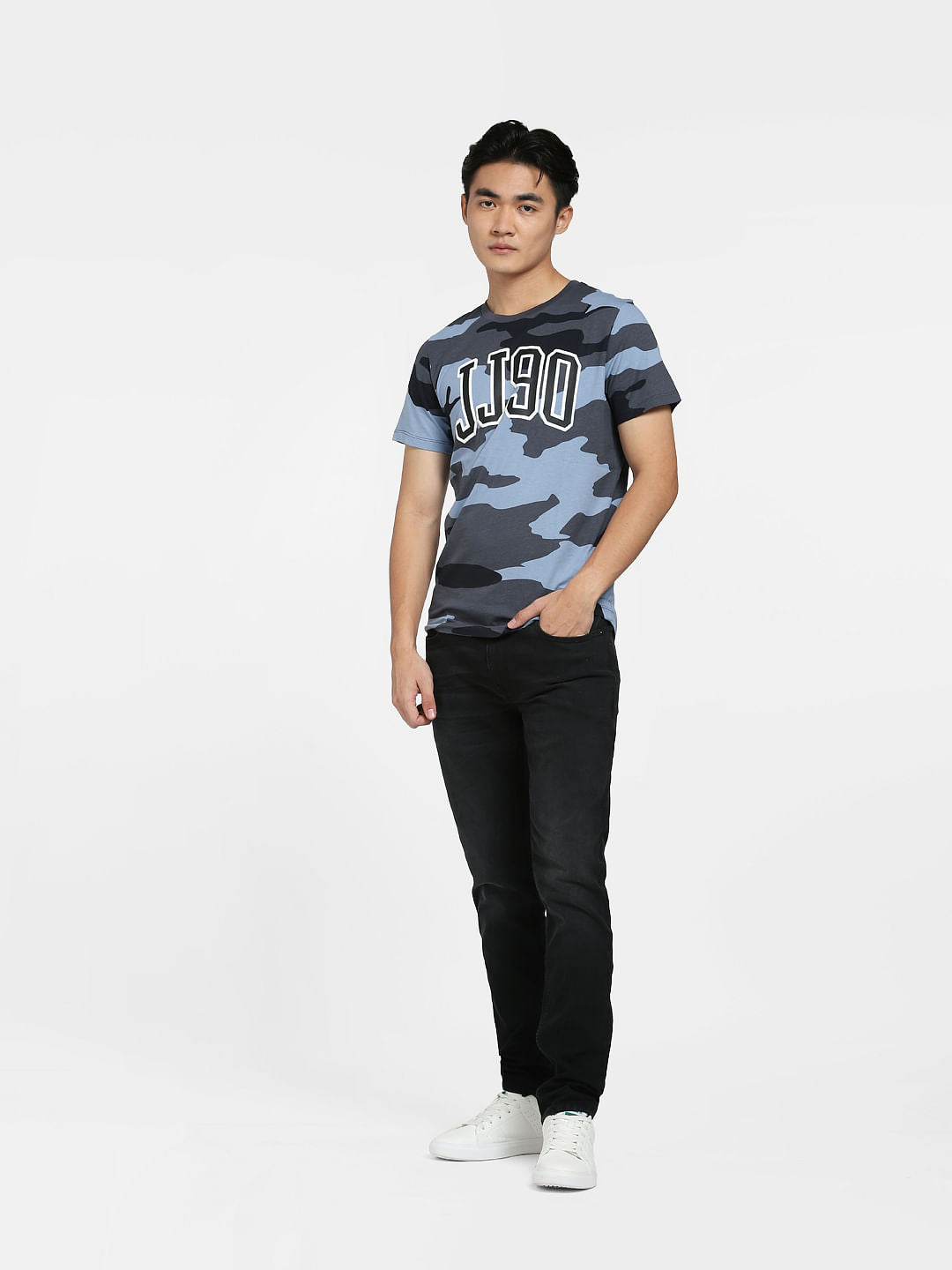 Blue Camo Print Crew Neck T-shirt
