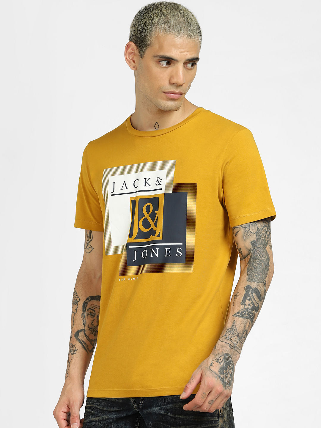 Yellow Logo Print Crew Neck T-shirt