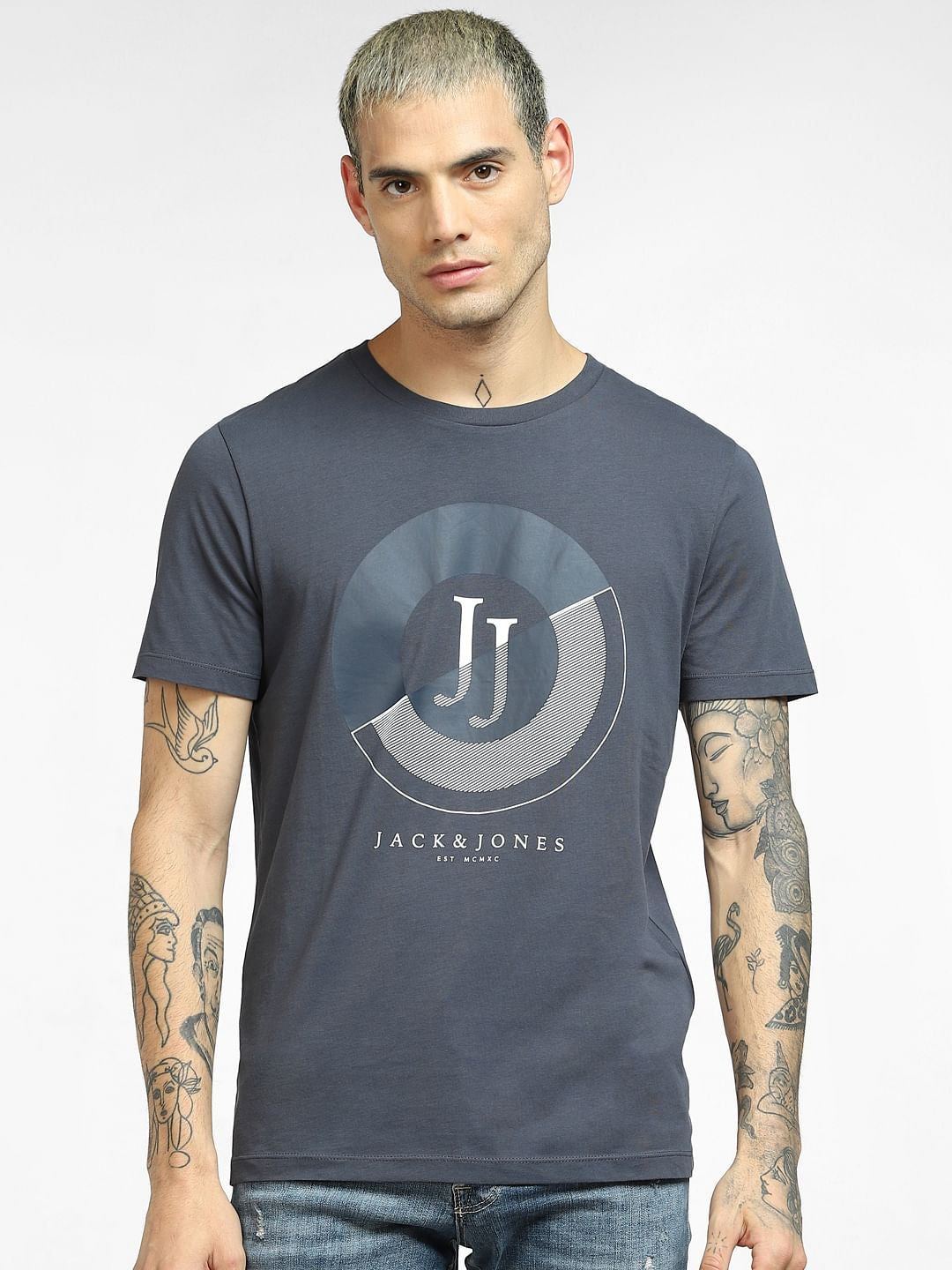 Blue Logo Print Crew Neck T-shirt