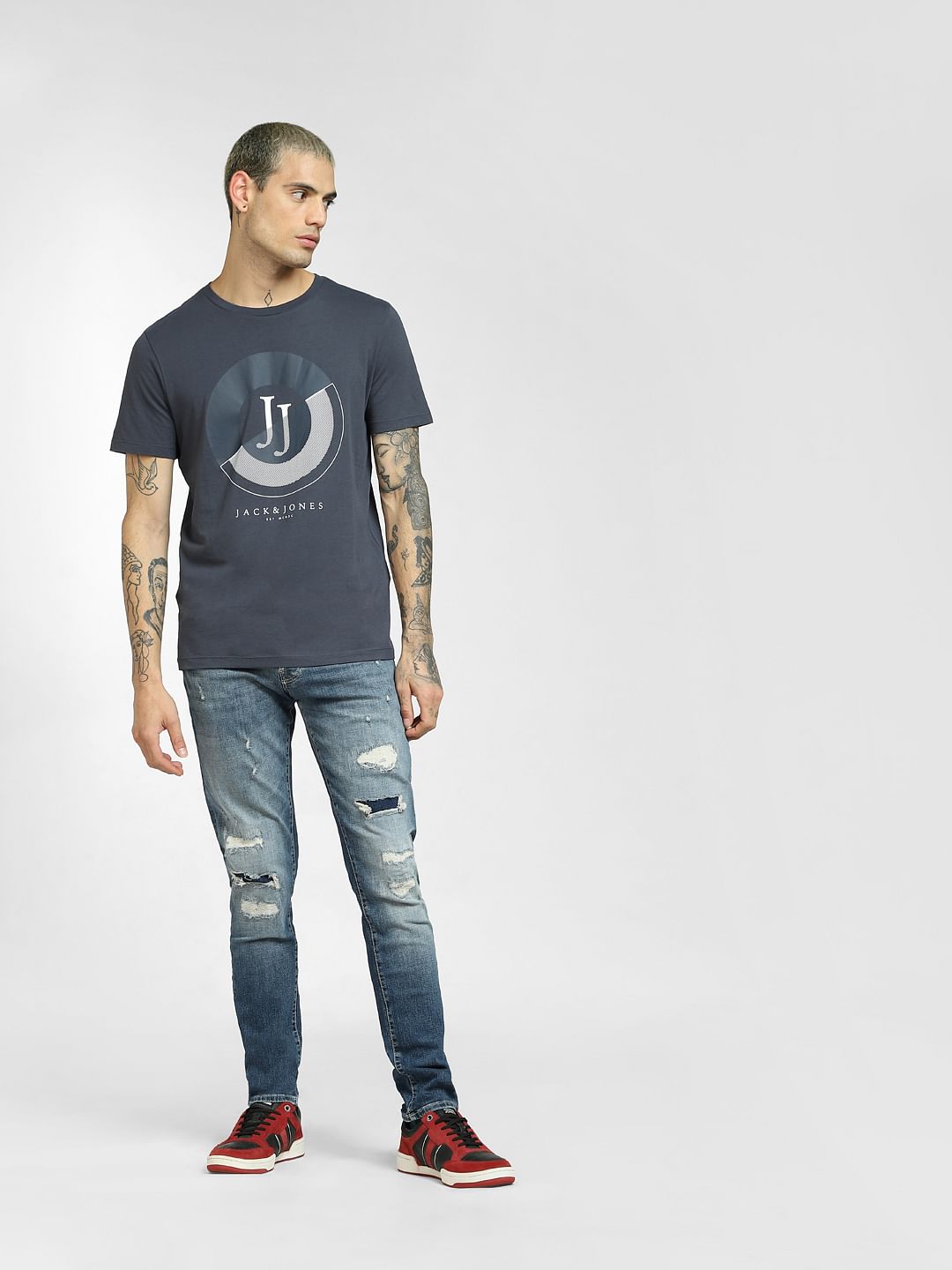 Blue Logo Print Crew Neck T-shirt