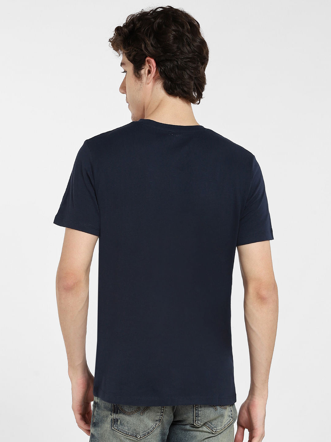 Navy Blue Logo Print Crew Neck T-shirt
