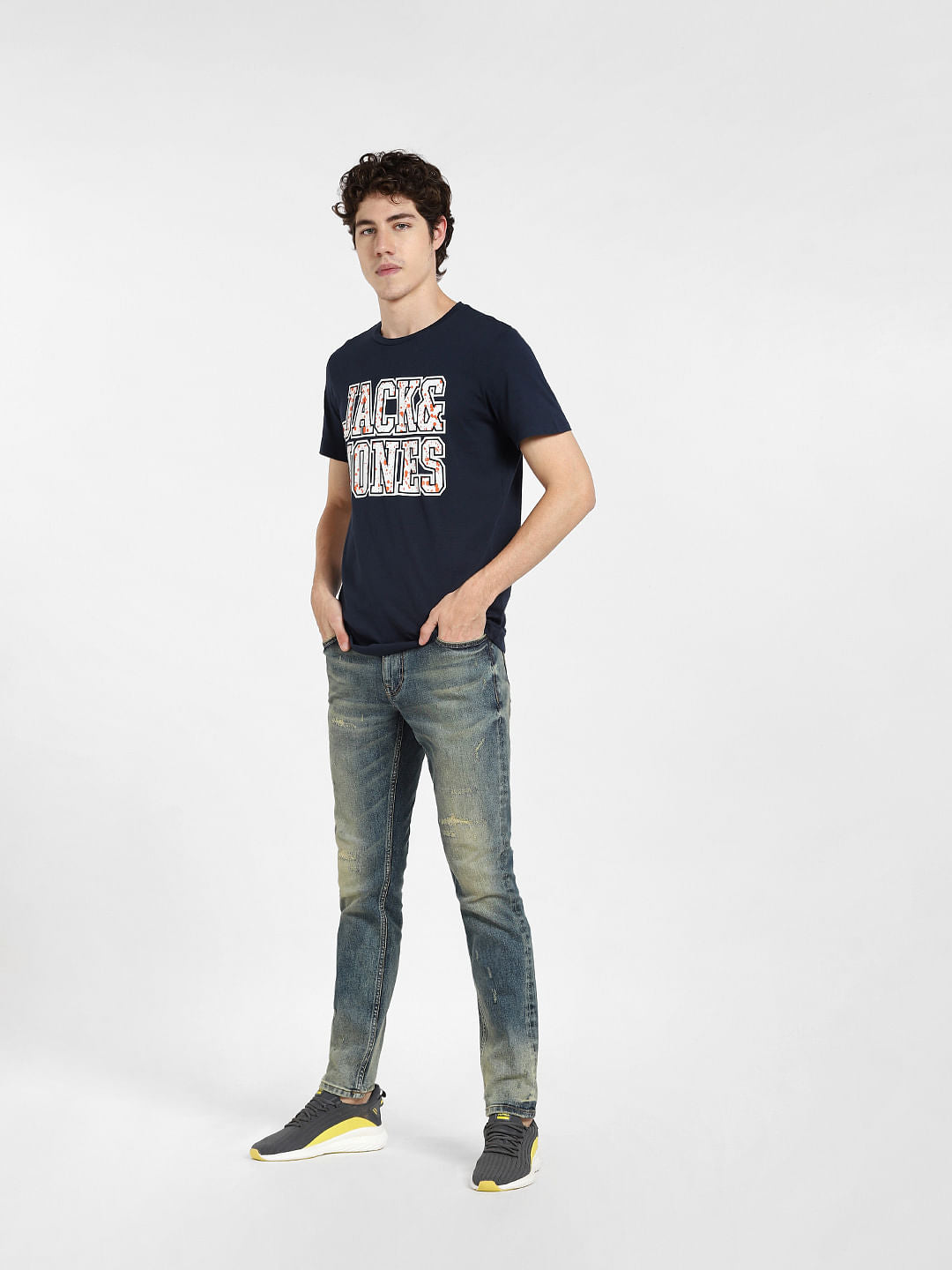Navy Blue Logo Print Crew Neck T-shirt