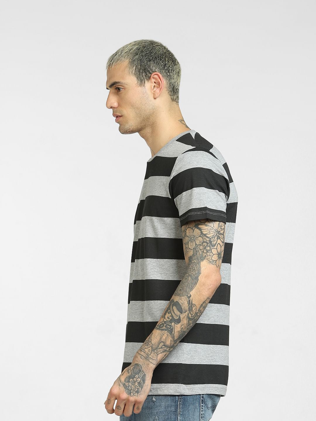 Grey Striped Crew Neck T-shirt