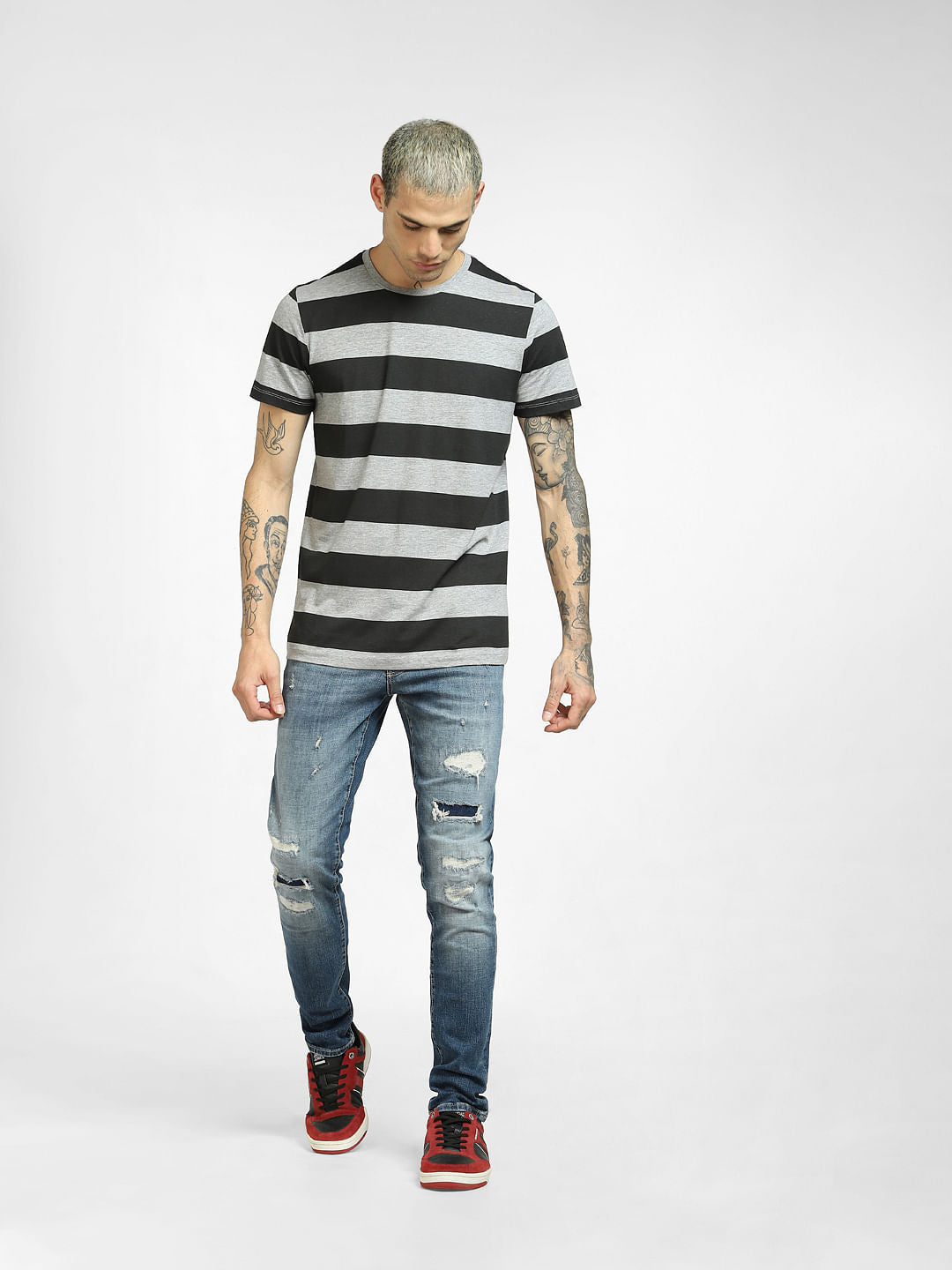 Grey Striped Crew Neck T-shirt