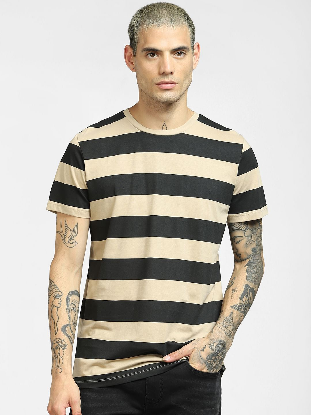 Beige Striped Crew Neck T-shirt