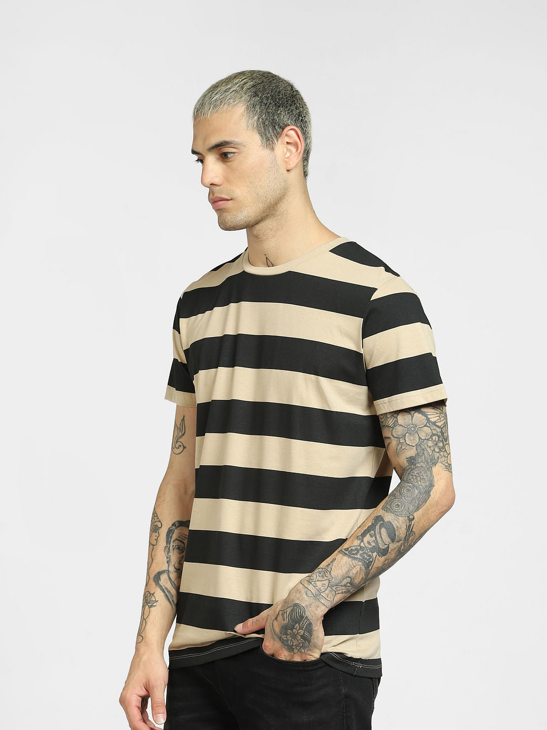 Beige Striped Crew Neck T-shirt