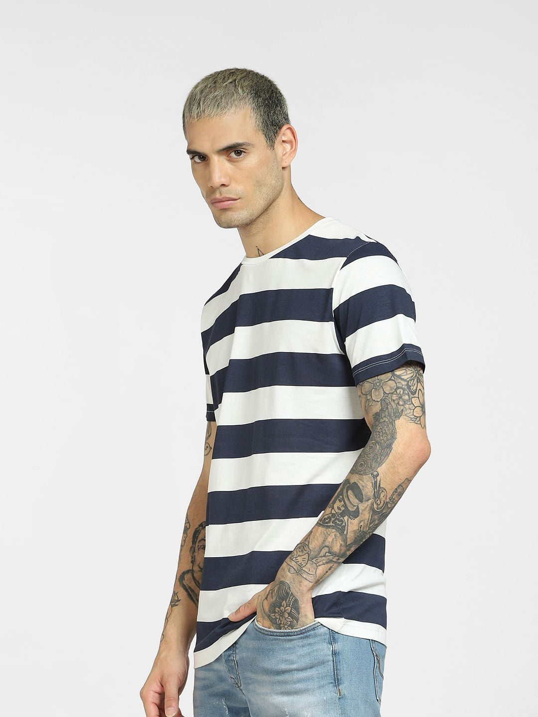 White Striped Crew Neck T-shirt
