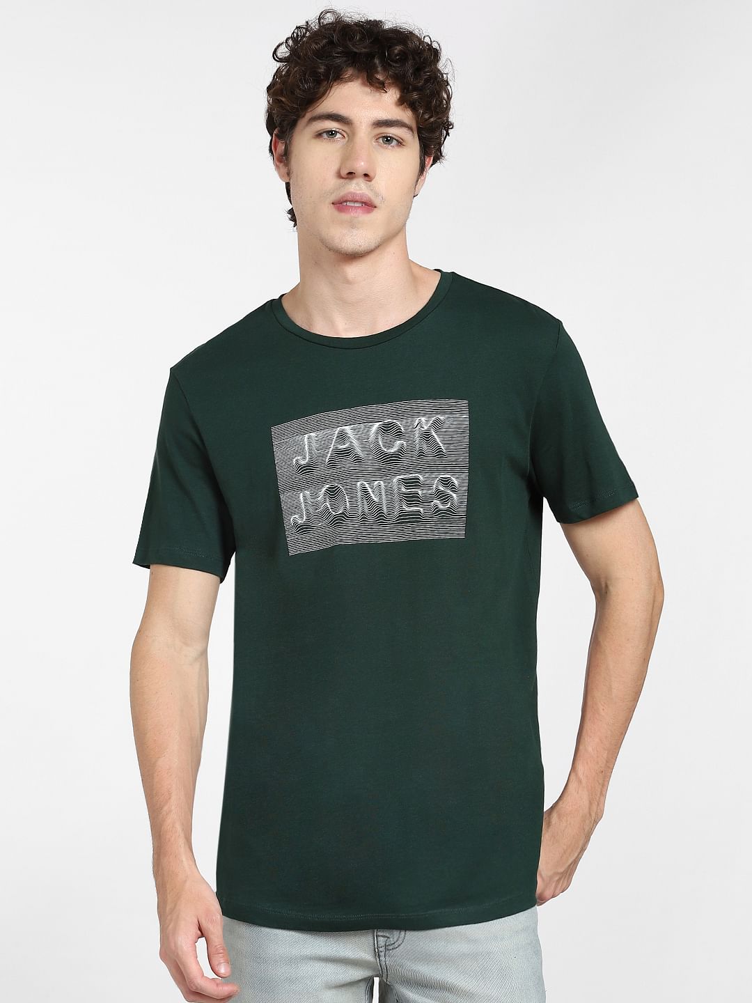 Dark Green Logo Print Crew Neck T-shirt