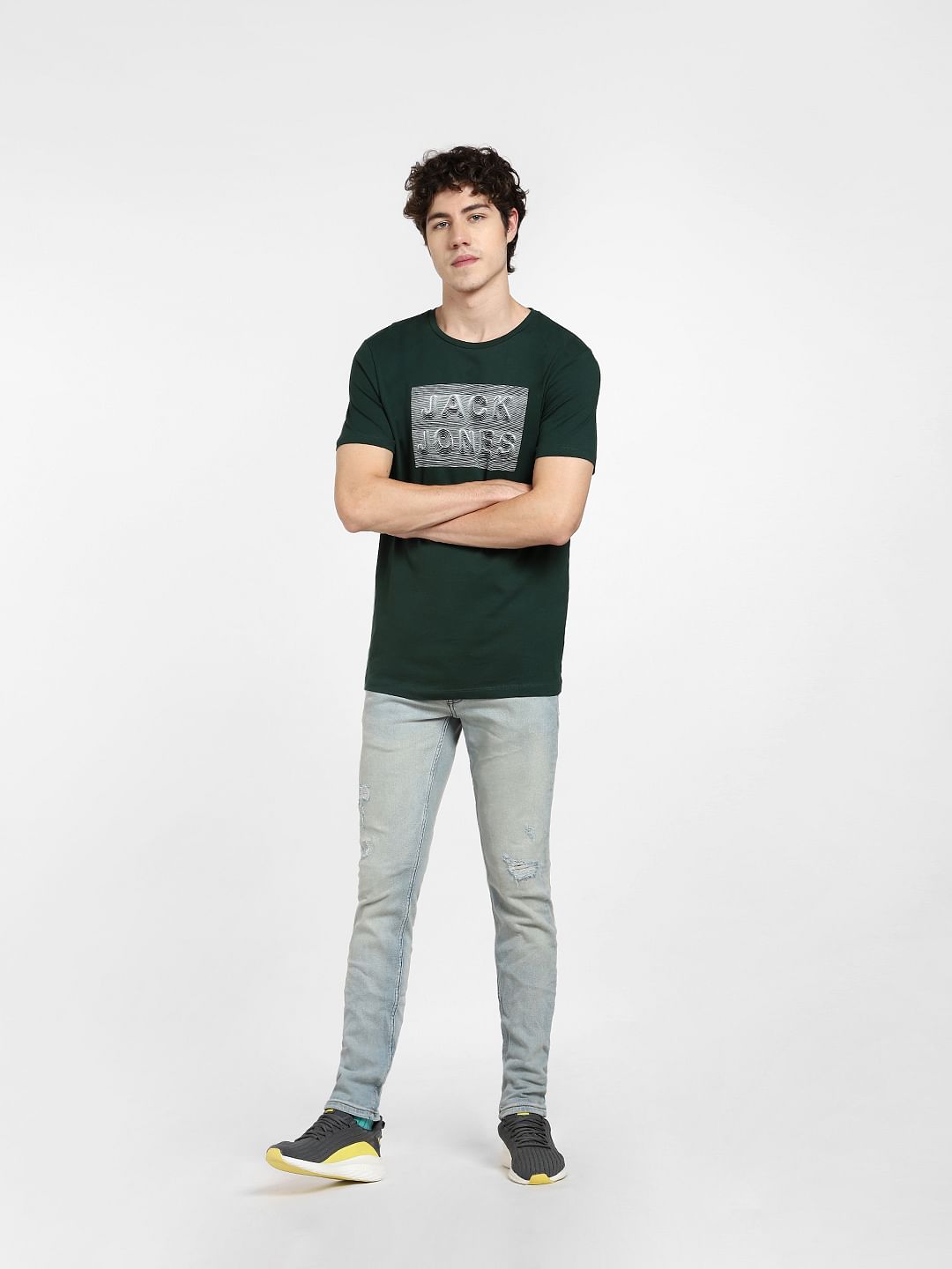 Dark Green Logo Print Crew Neck T-shirt