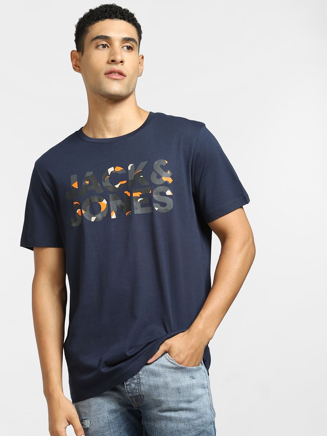 Navy Blue Logo Print Crew Neck T-shirt