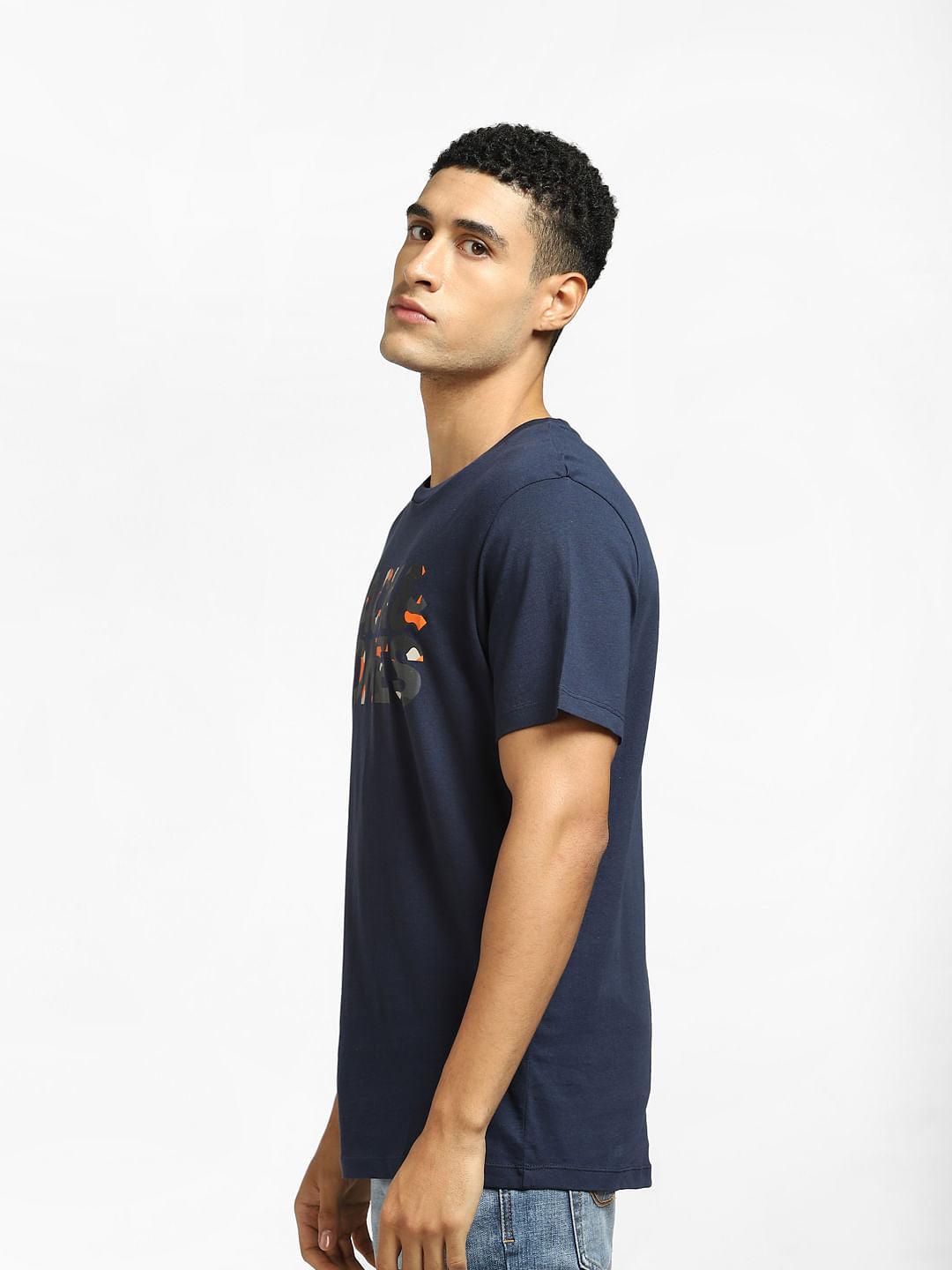 Navy Blue Logo Print Crew Neck T-shirt