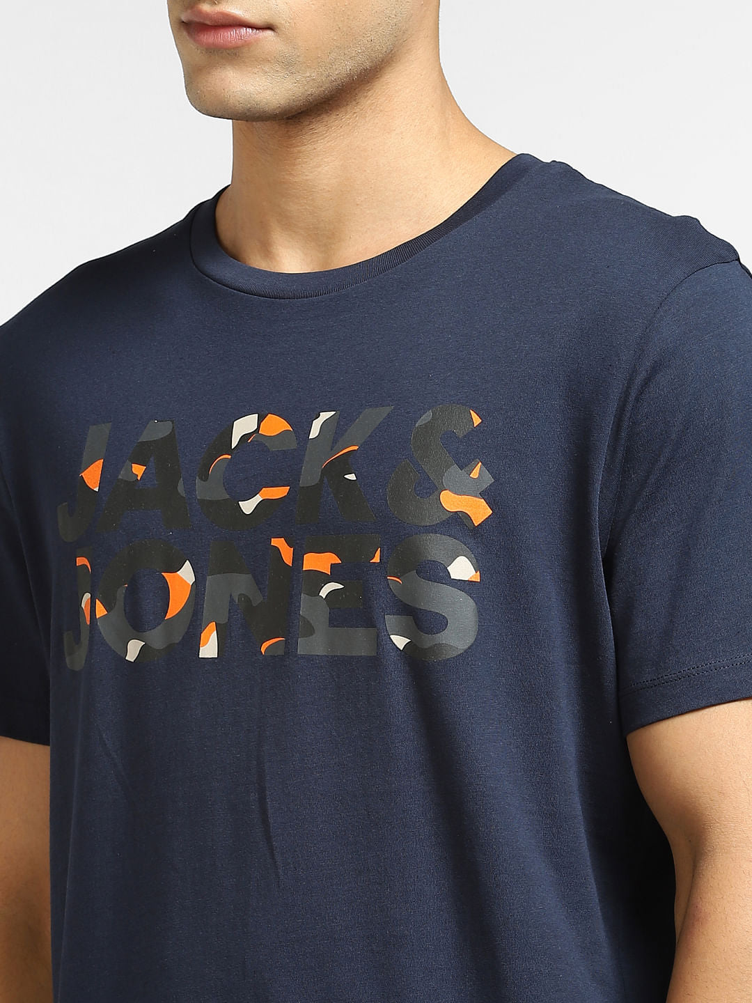 Navy Blue Logo Print Crew Neck T-shirt