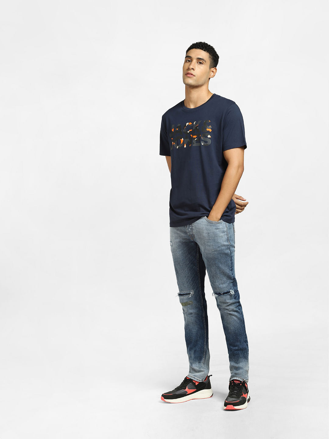 Navy Blue Logo Print Crew Neck T-shirt