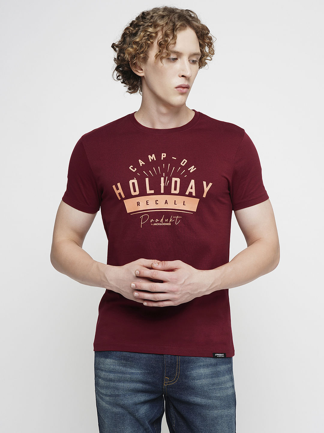 PRODUKT by JACK&JONES Dark Red Printed Crew Neck T-shirt