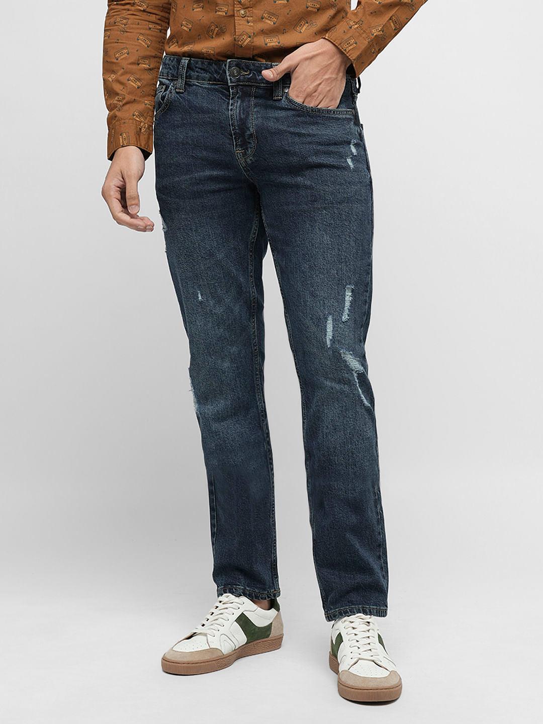 PRODUKT by JACK&JONES Blue Mid Rise Distressed Slim Jeans