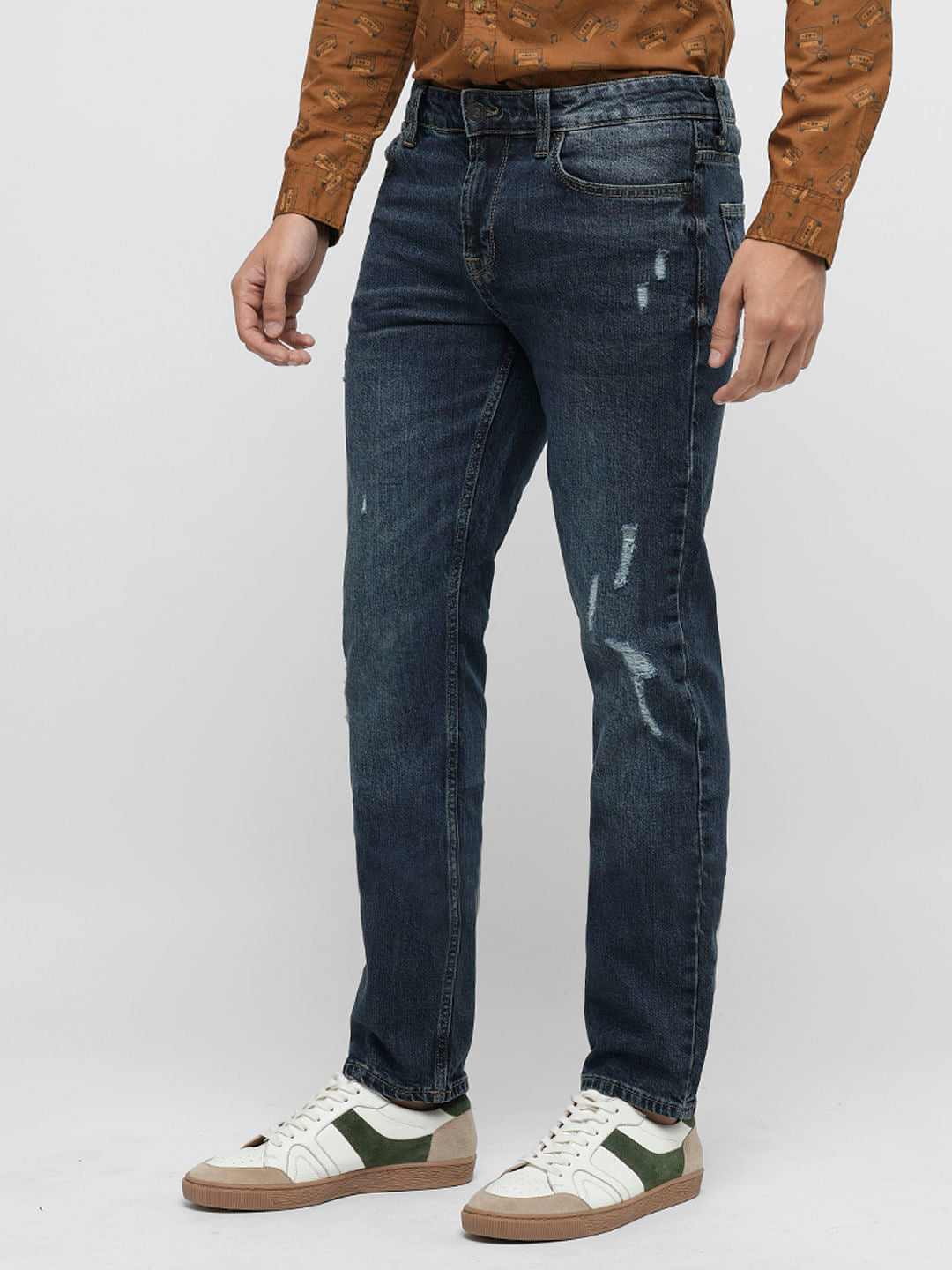 PRODUKT by JACK&JONES Blue Mid Rise Distressed Slim Jeans