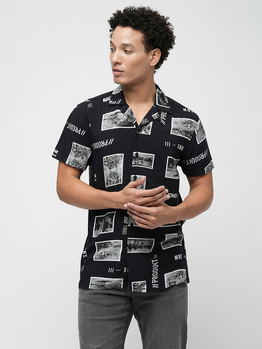 PRODUKT by JACK&JONES Black Printed Short Sleeves Shirt