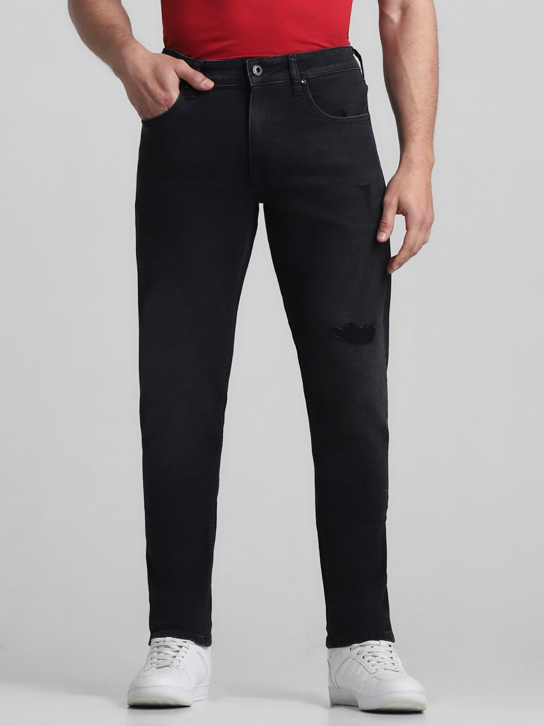 Black Mid Rise Distressed Brak Slim Jeans