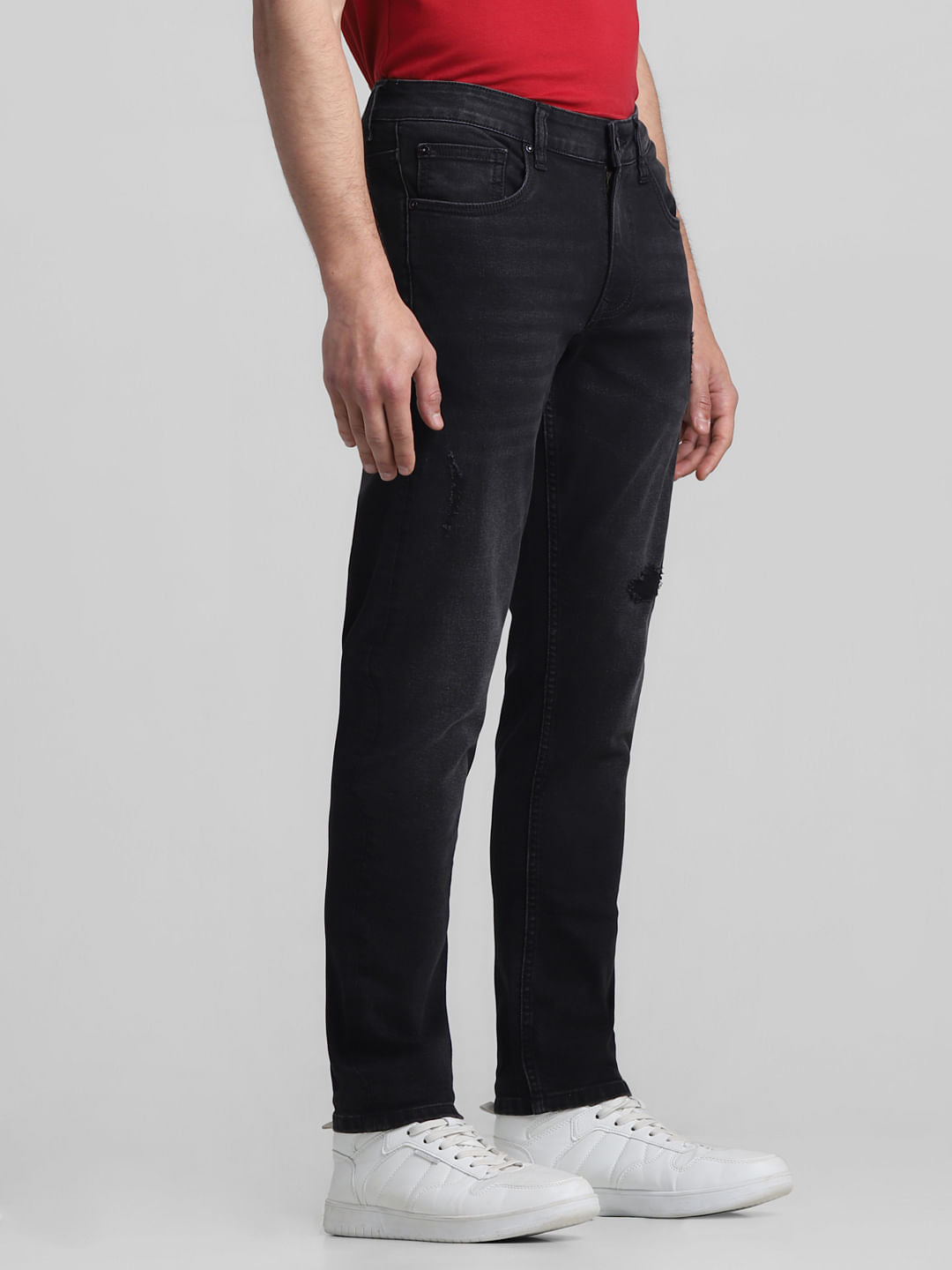 Black Mid Rise Distressed Brak Slim Jeans