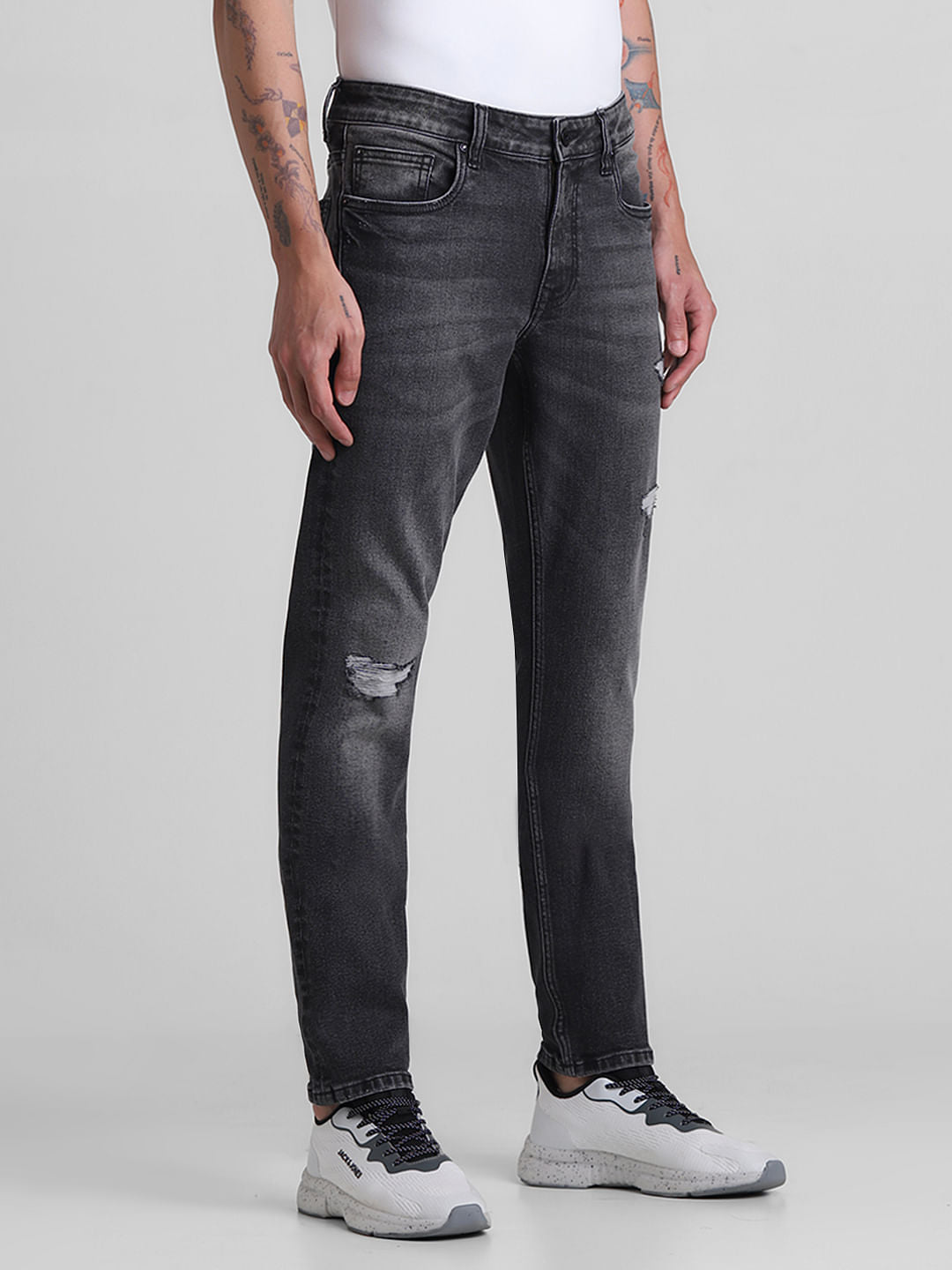 Grey Low Rise Distressed Glenn Slim Jeans