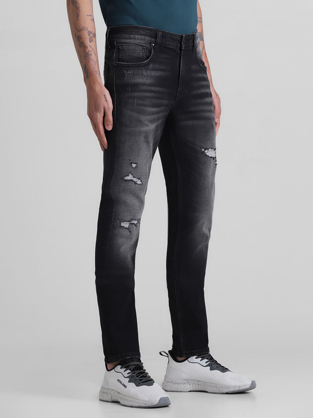 Grey Low Rise Distressed Glenn Slim Jeans