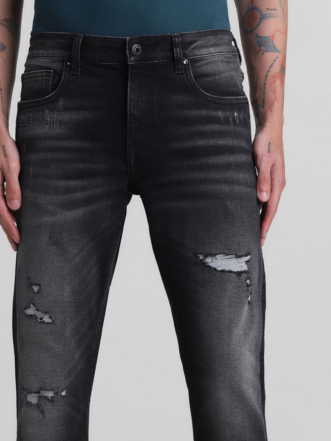 Grey Low Rise Distressed Glenn Slim Jeans