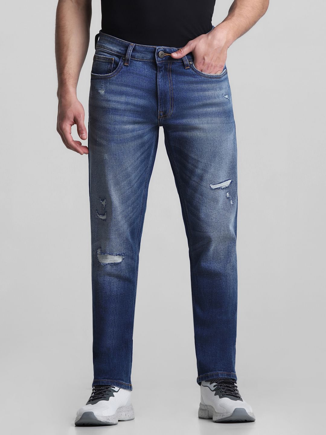 Blue Low Rise Distressed Tim Anti Fit Jeans