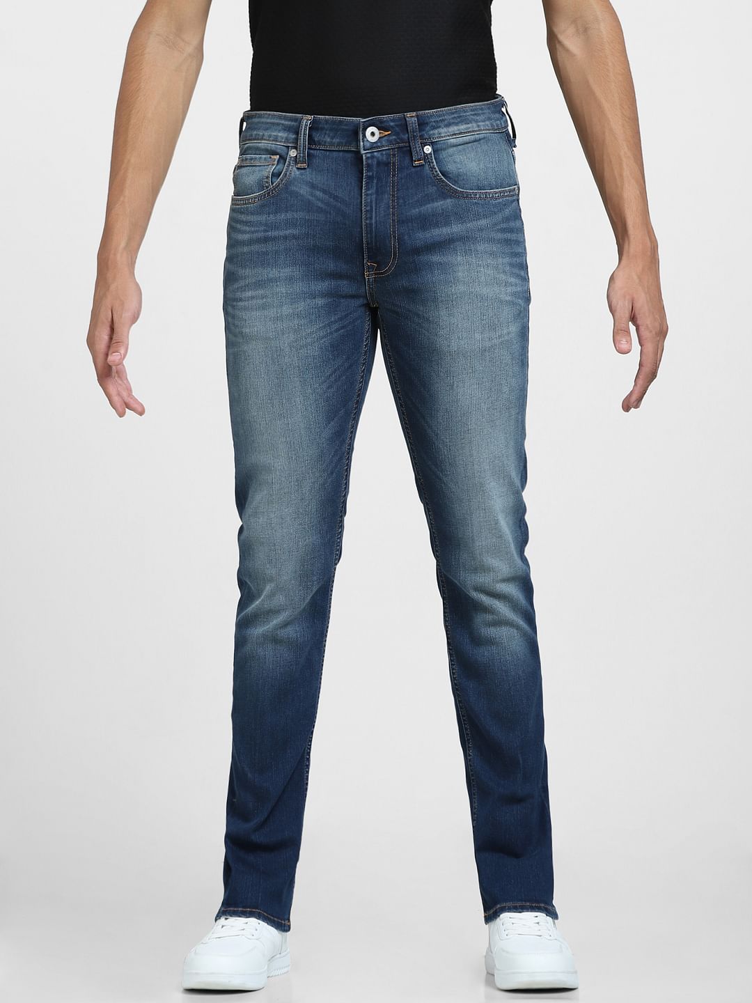 Blue Mid Rise Washed Clark Regular Jeans