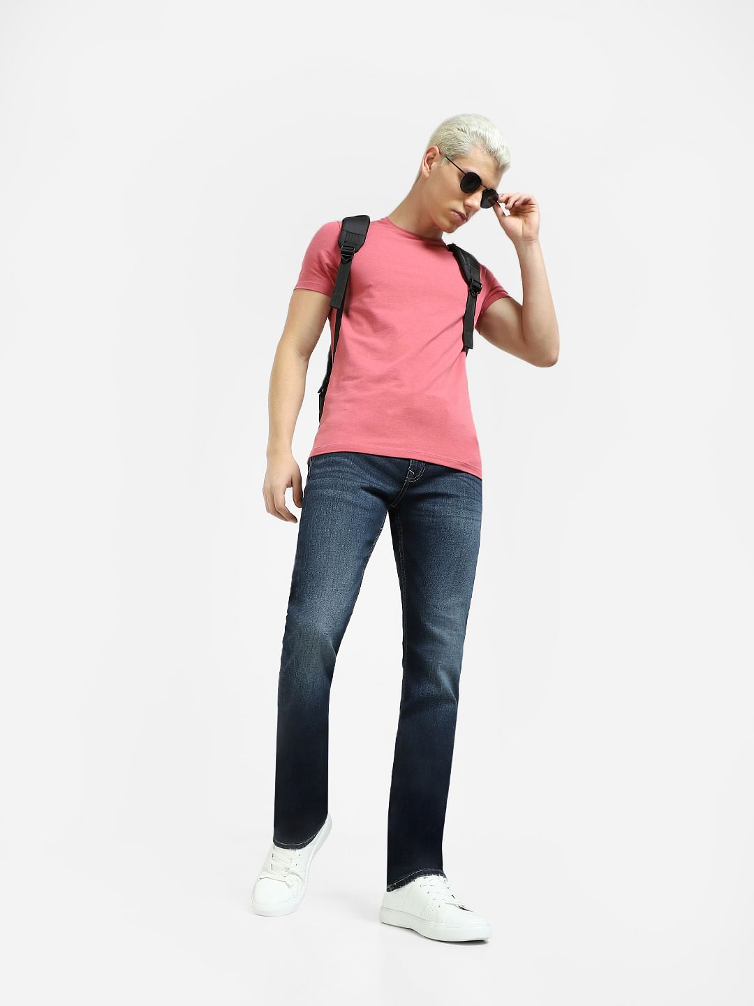 Dark Blue Mid Rise Washed Clark Regular Jeans