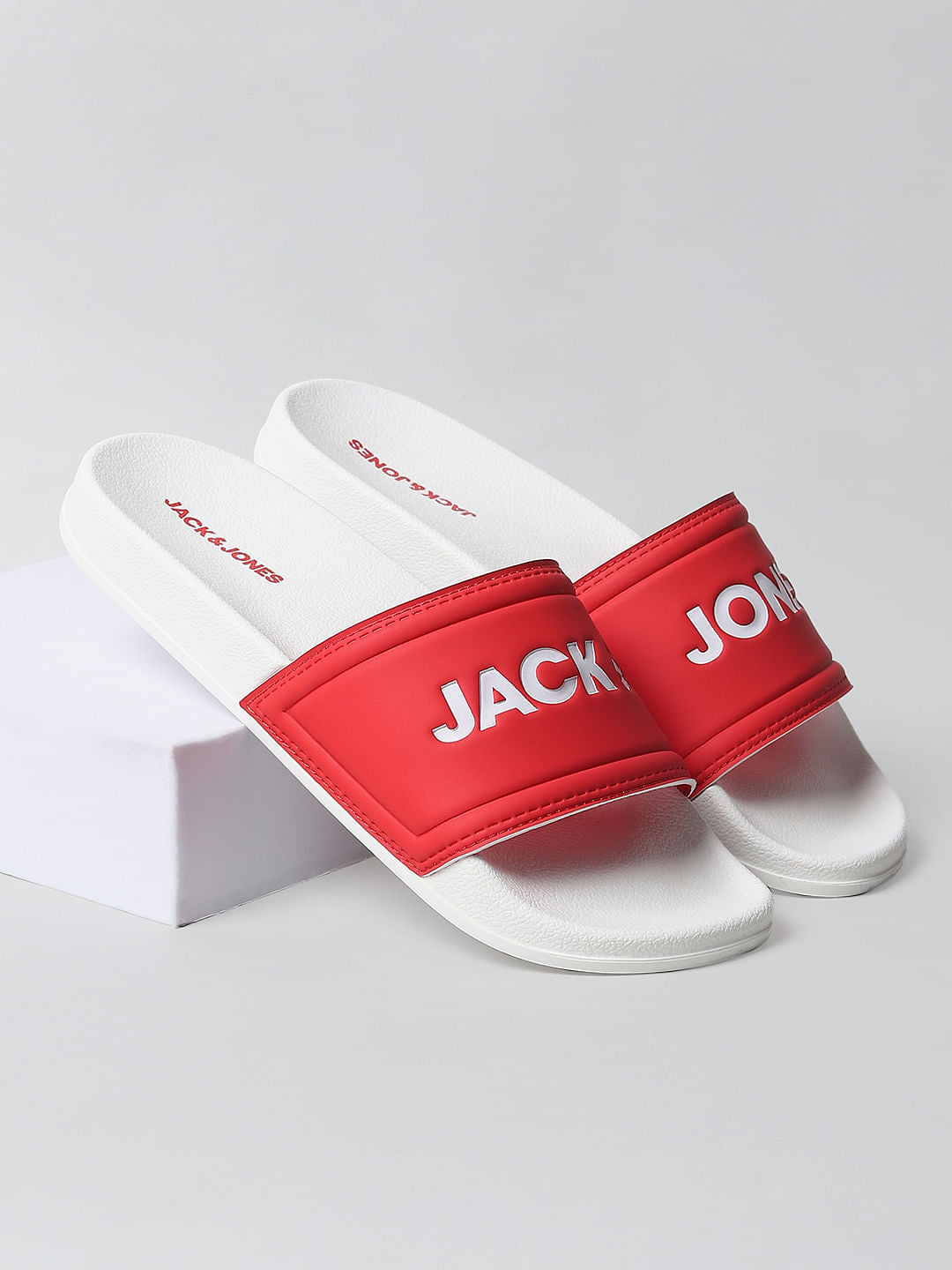 White & Red Logo Print Sliders