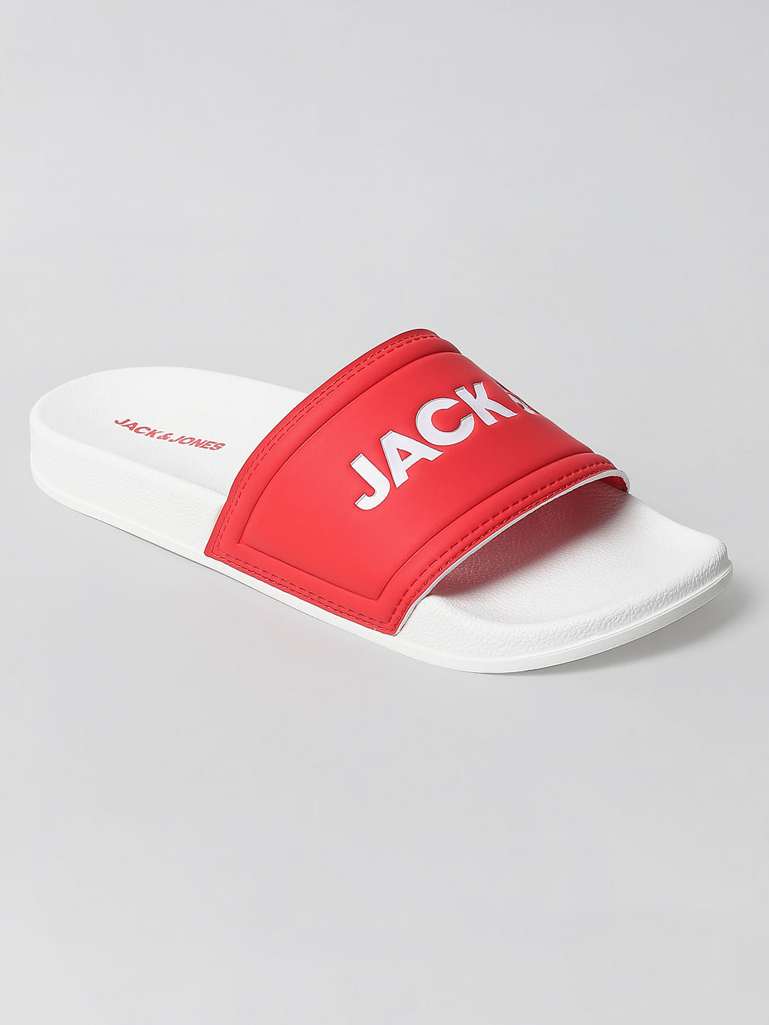 White & Red Logo Print Sliders