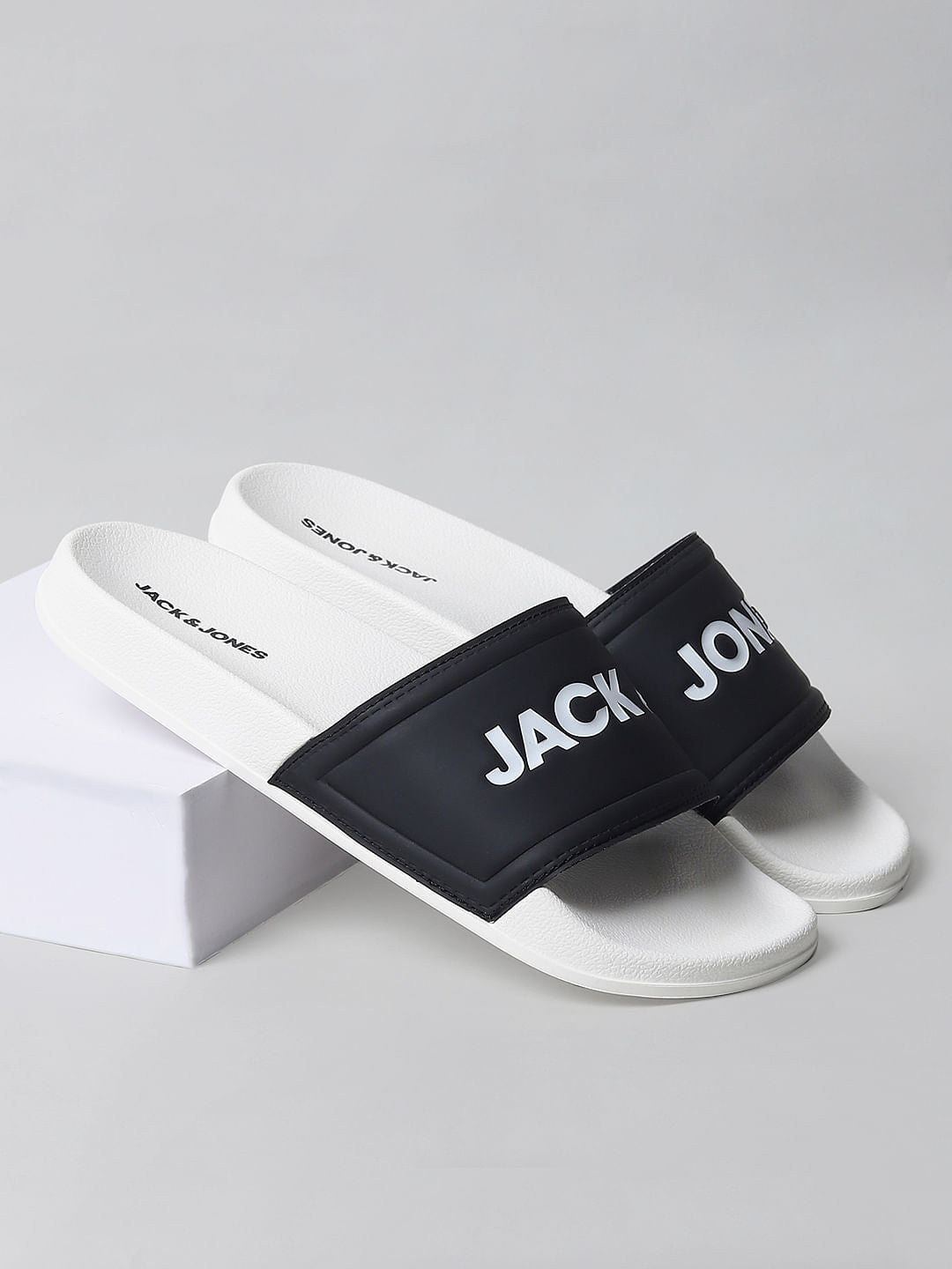 White & Black Logo Print Sliders