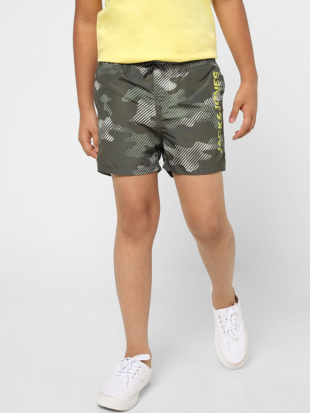 BOYS Green Low Rise Camo Print Swimshorts