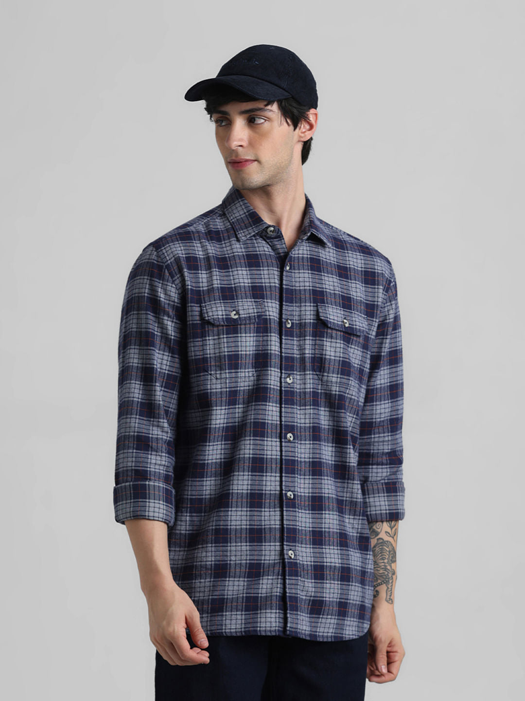 Dark Blue Check Print Shirt