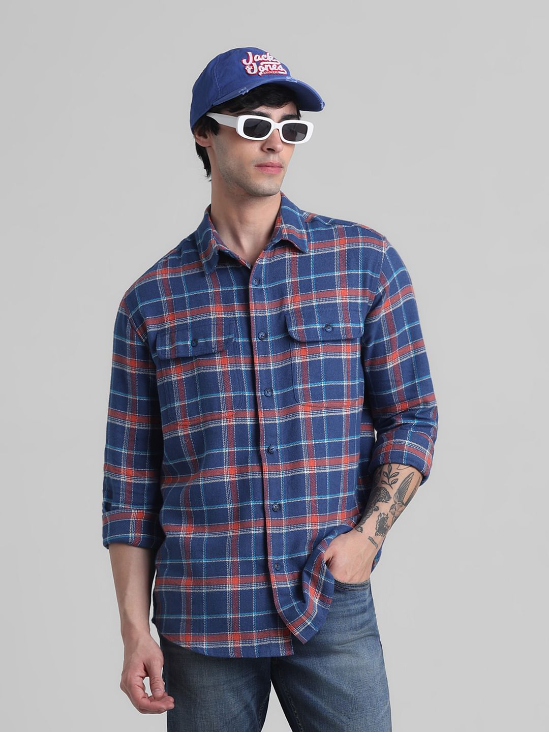 Dark Blue Check Cotton Shirt