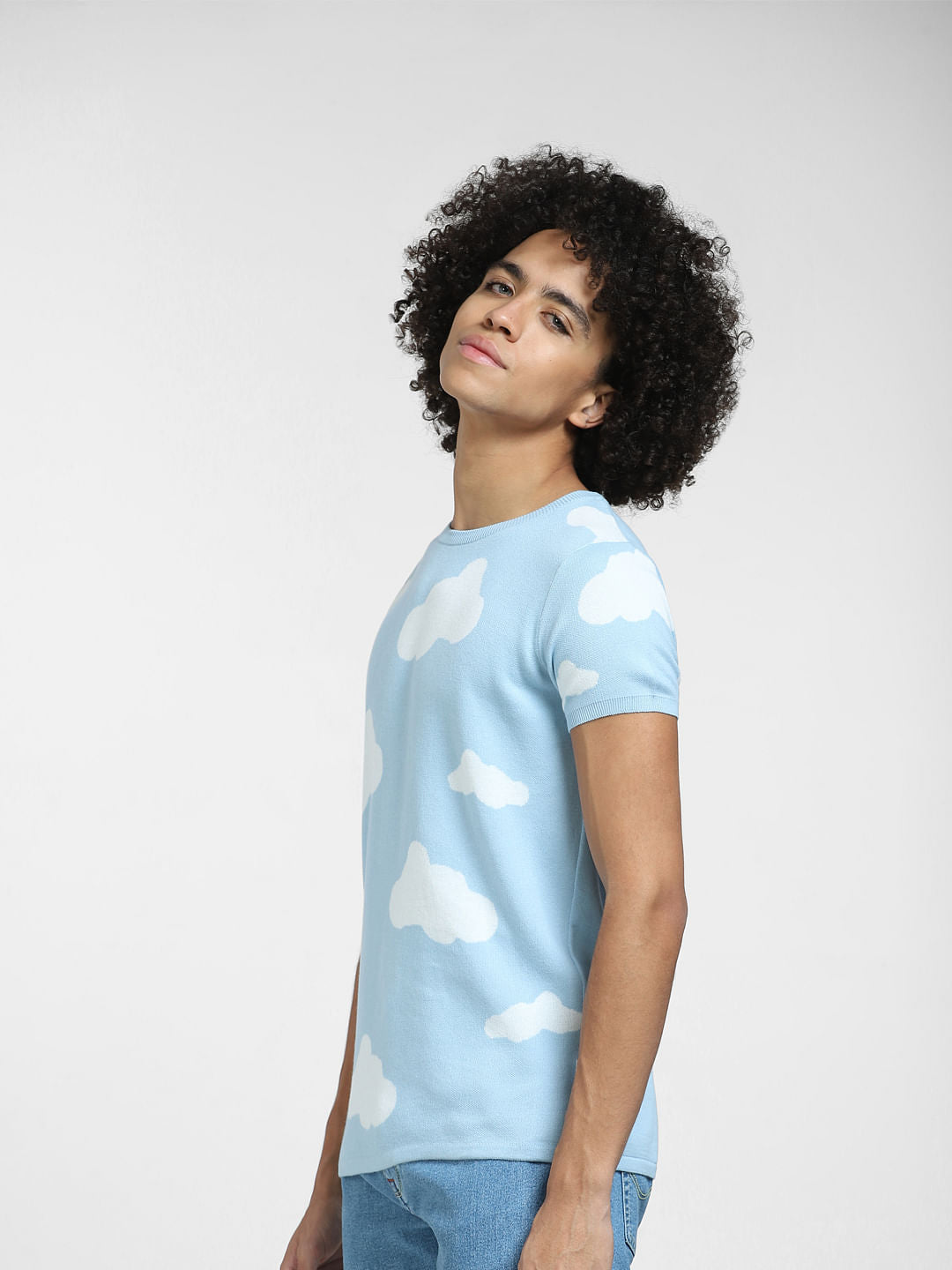 Light Blue Cloud Print Knit T-shirt