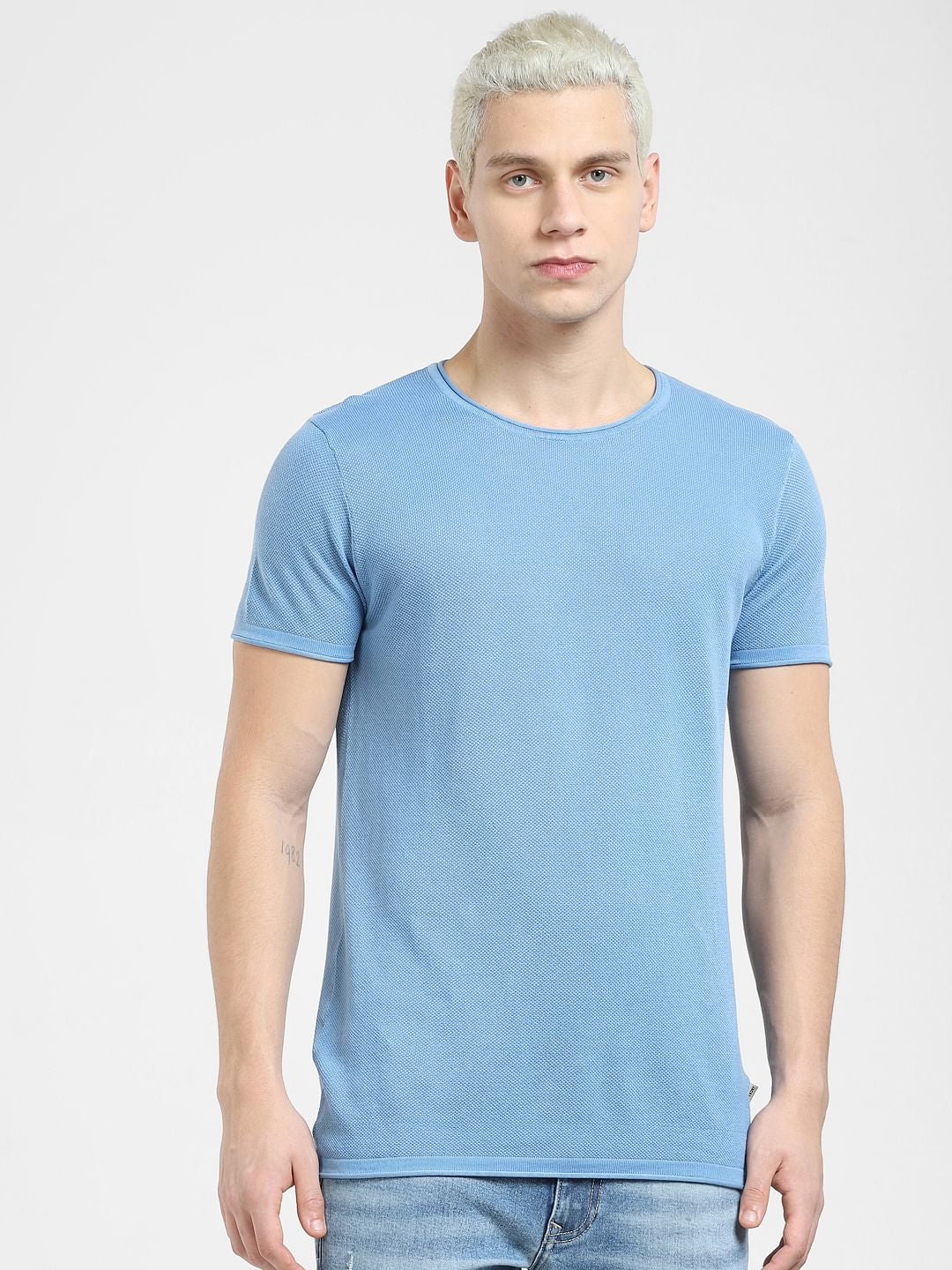 Blue Knit Crew Neck T-shirt