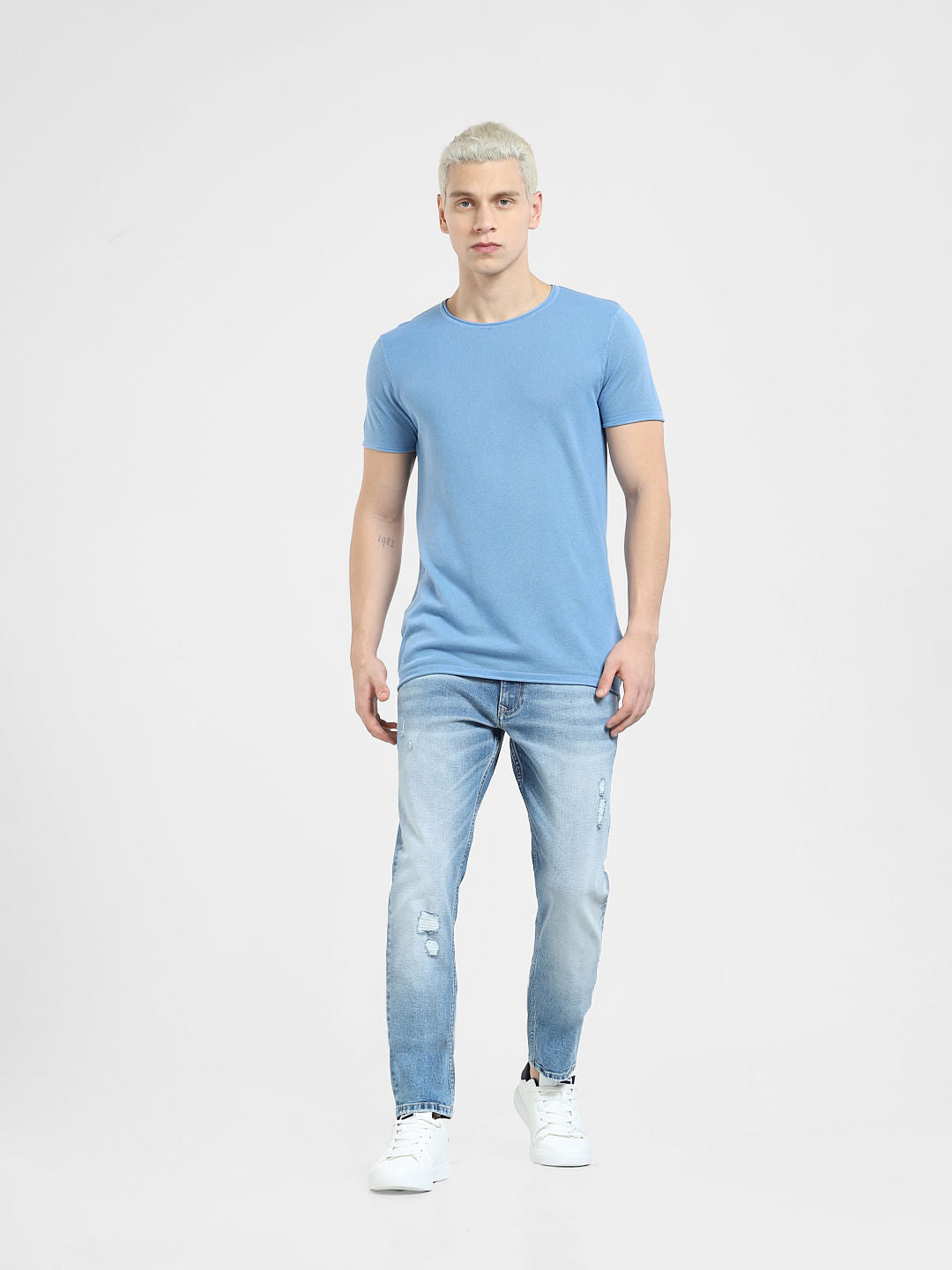 Blue Knit Crew Neck T-shirt