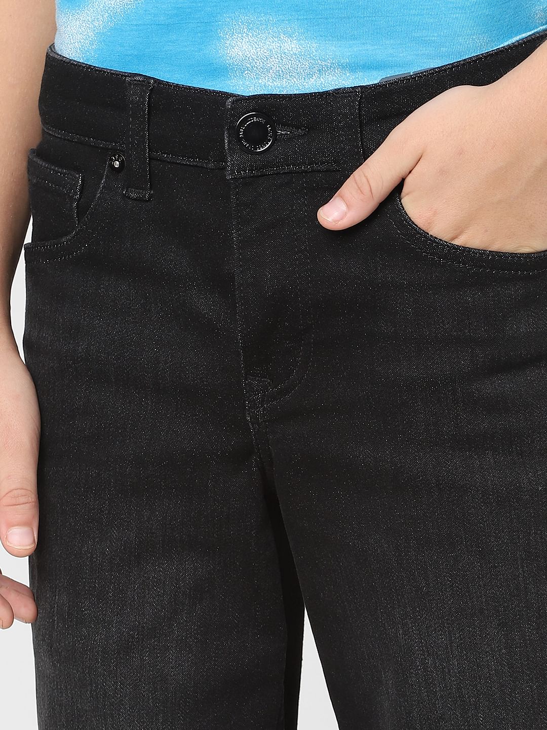 Boys Black Mid Rise Denim Shorts