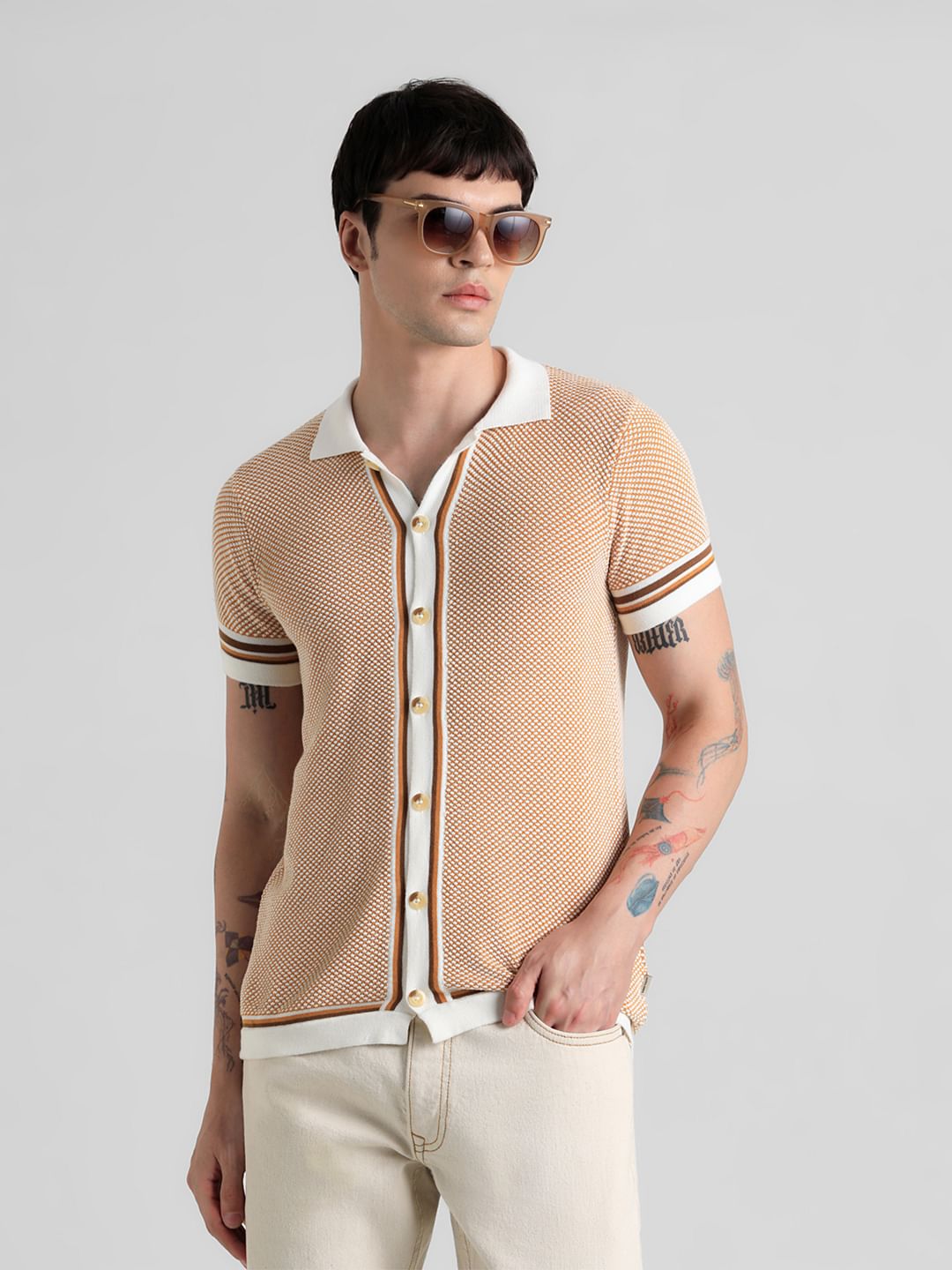 Yellow Knit Front Open Polo T-shirt