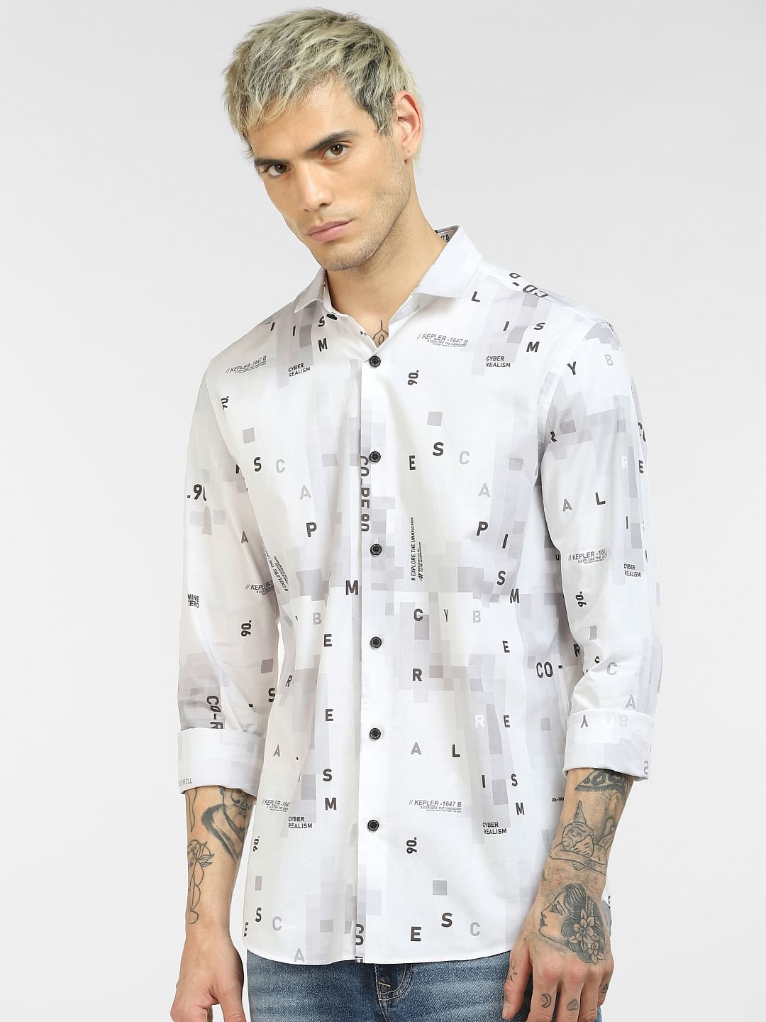 White Printed Full Sleeves Shirt