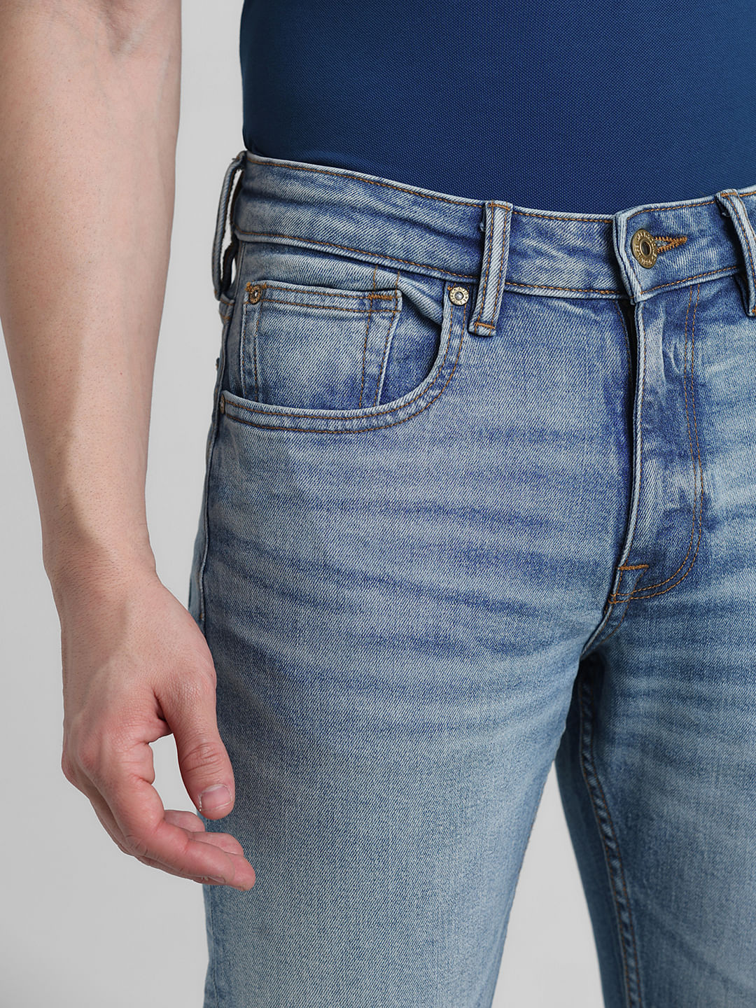 Blue Mid Rise Washed Clark Regular Fit Jeans