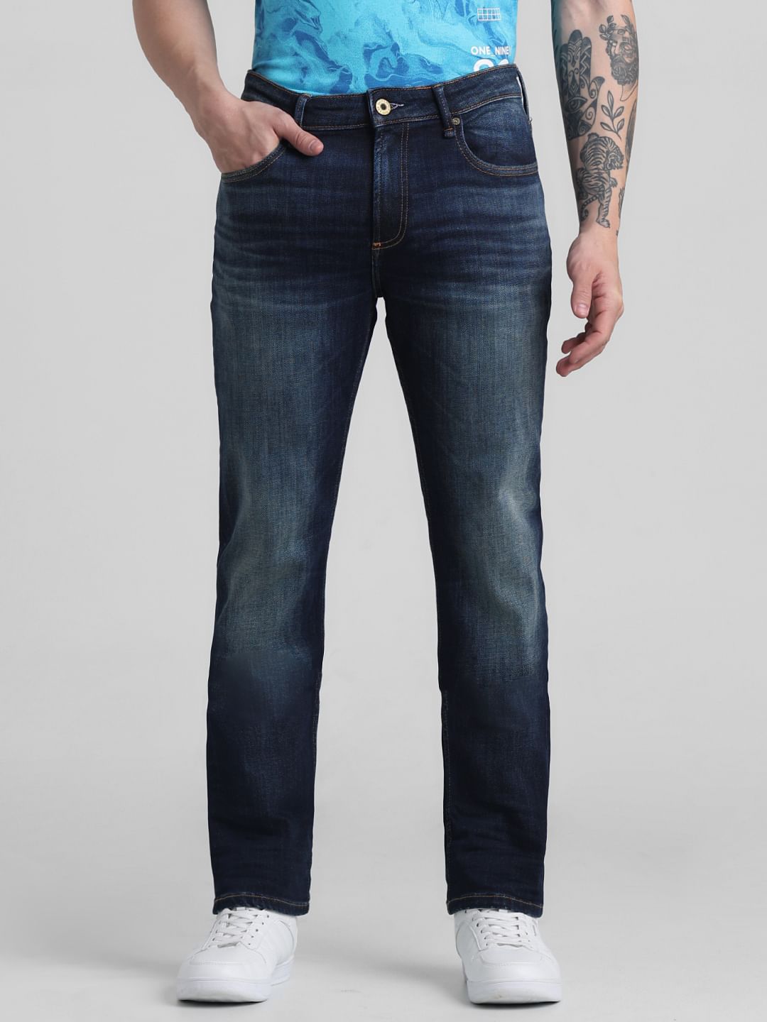Dark Blue Mid Rise Washed Clark Regular Fit Jeans