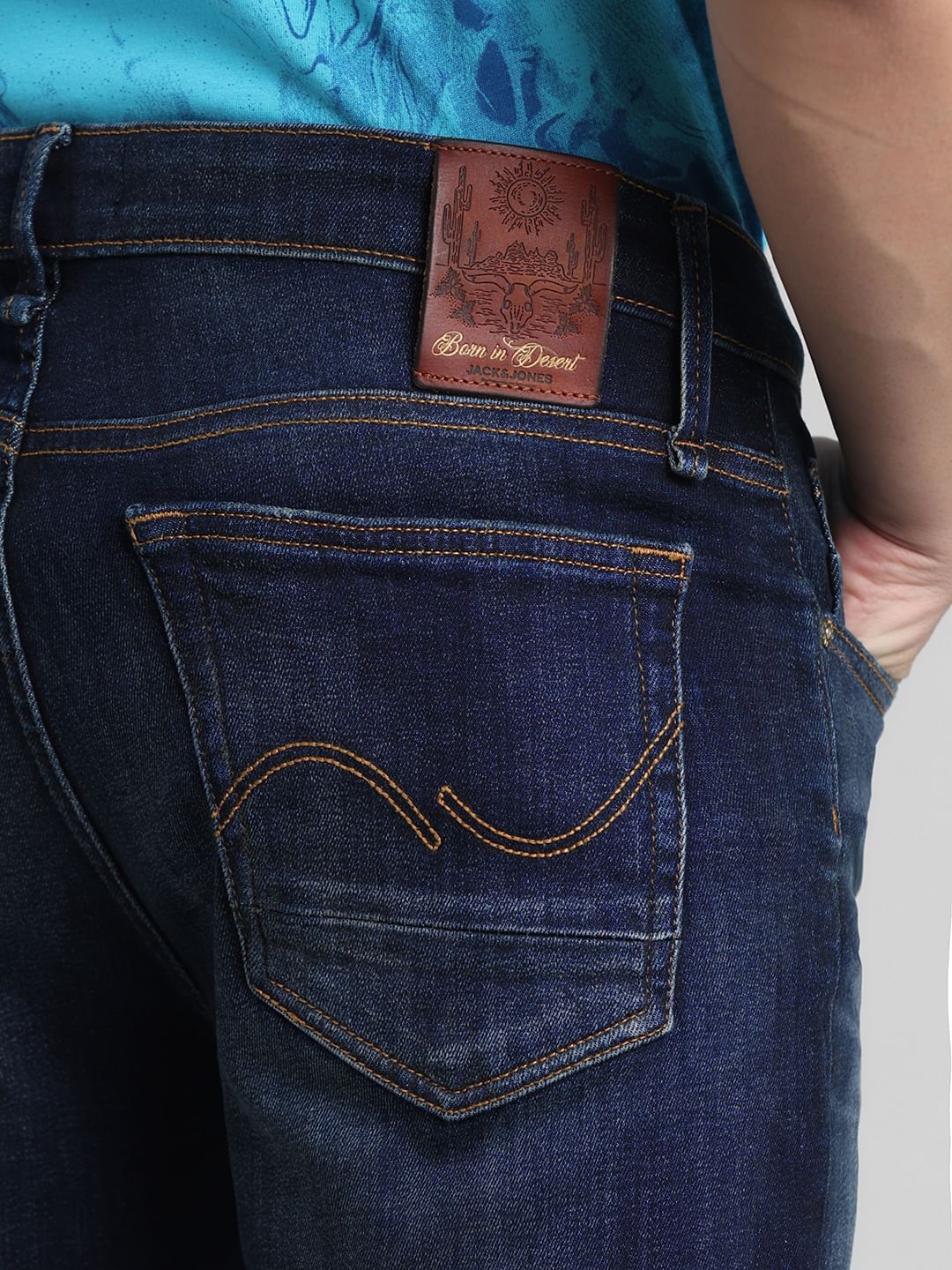 Dark Blue Mid Rise Washed Clark Regular Fit Jeans