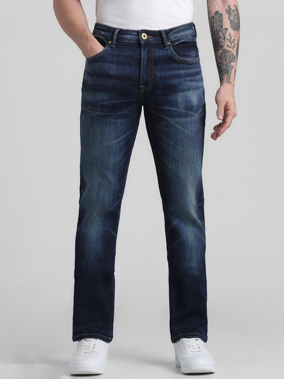 Dark Blue Mid Rise Washed Clark Regular Fit Jeans